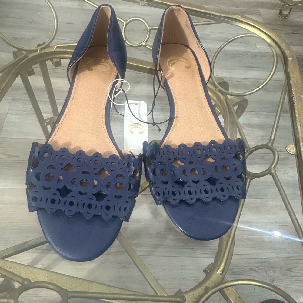 Women’s Navy Blue Laser-Cut D’Orsay Flat Sandals